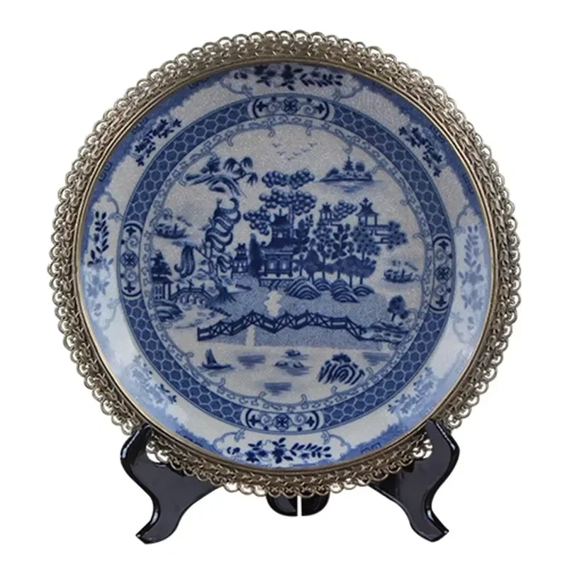 Antique Chinese Style Blue and White Porcelain Plate Ceramic Earthenware Home Decoration With Floral Enamel Design