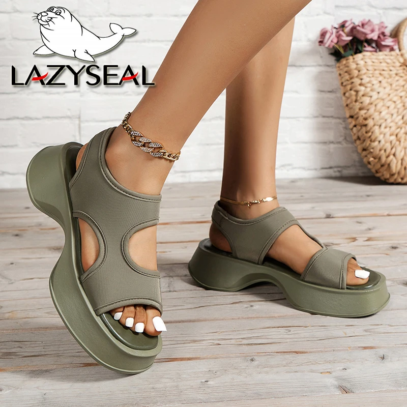 Lazyseal Women Platform Sandals Satin Fabric Materia Hook Loop Green Color Summer Beach Shoes Round Toe Thick Sole Women Sandals