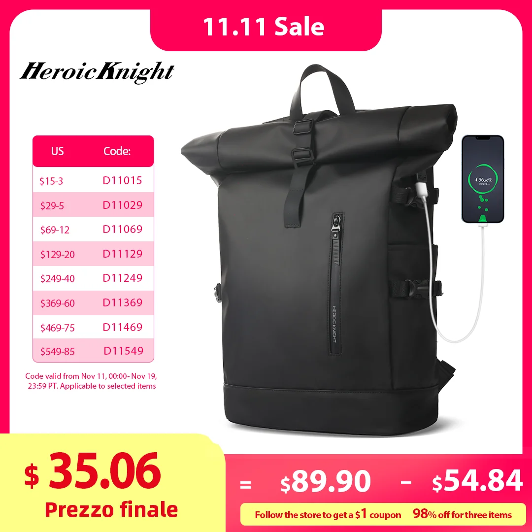 

Heroic Knight Men's backpack Waterproof Roll Top Backpack Women Travel Expandable USB Charging Large Capacity Laptop Bag Mochila