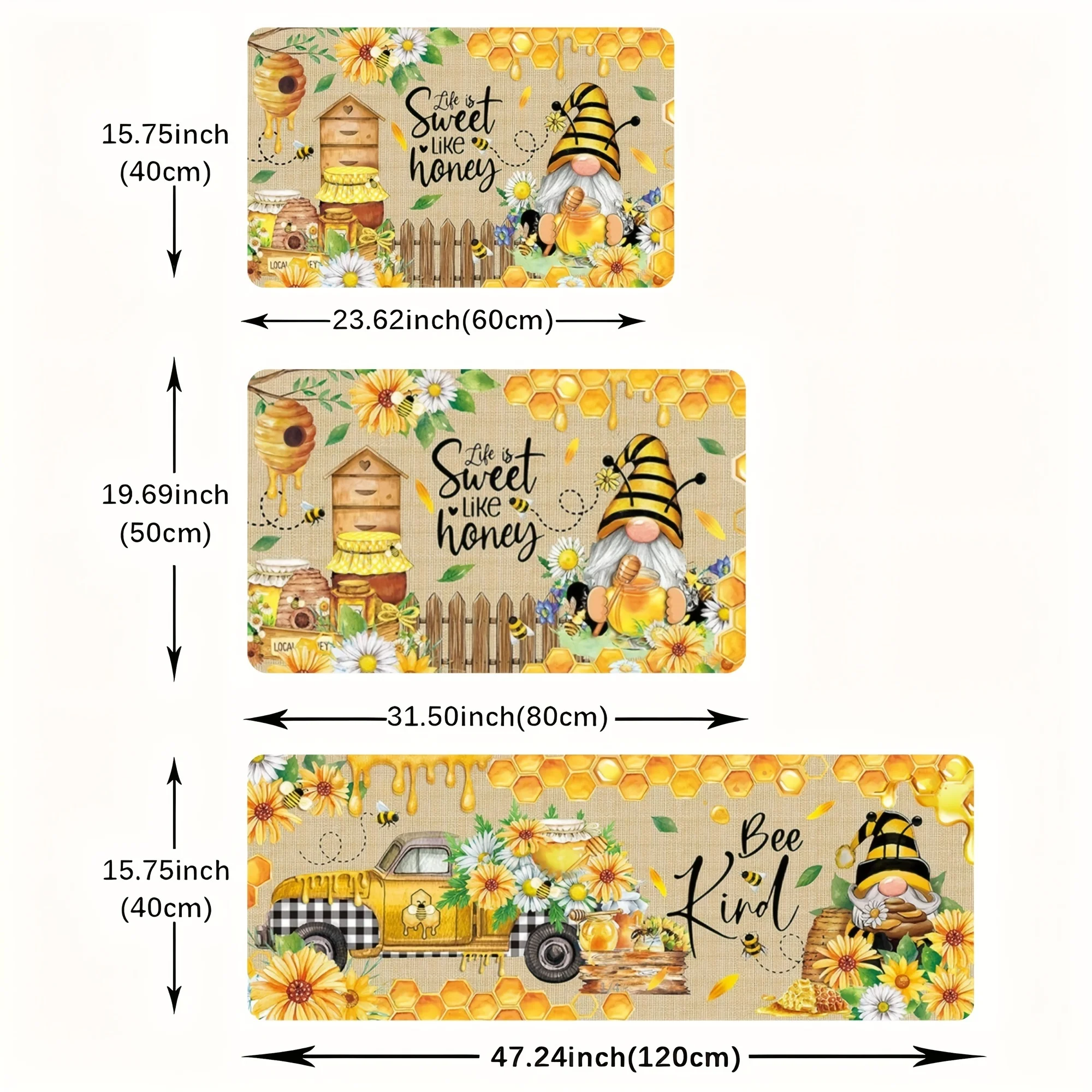 A Set Of Kitchen Mat Combination With Bee Flower Design Antifouling, Antiskid, Machine Washable Polyester Carpet - Knitting,