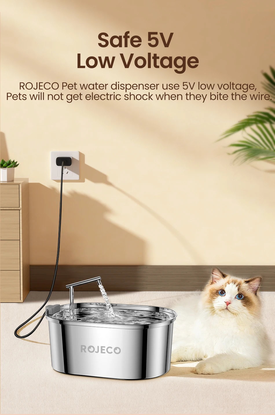 ROJECO Edelstahl Katzenwasserbrunnen Automatischer Katzentrinker Trinkbrunnen für Katzen Hunde Haustier Wasserspender Zubehör – Detail 12