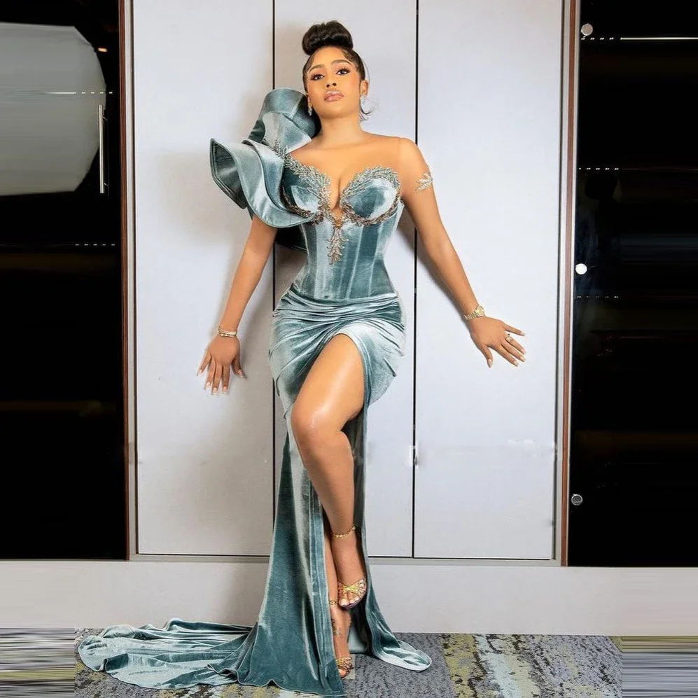 مع الكشكشة الرقبة شفافة يزين مطرز الجانب سبليت مساء اللباس المرأة الأفريقية ثوب عيد ميلاد للحزب مثير حورية البحر فستان الحفلة الراقصة