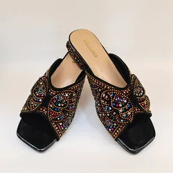Fashion Latest Low Heels Women Crystal Bow Slippers Chunky Shoes  Rhinestone Sandals 2023 New Casual Rhinestone Slippers F528-1