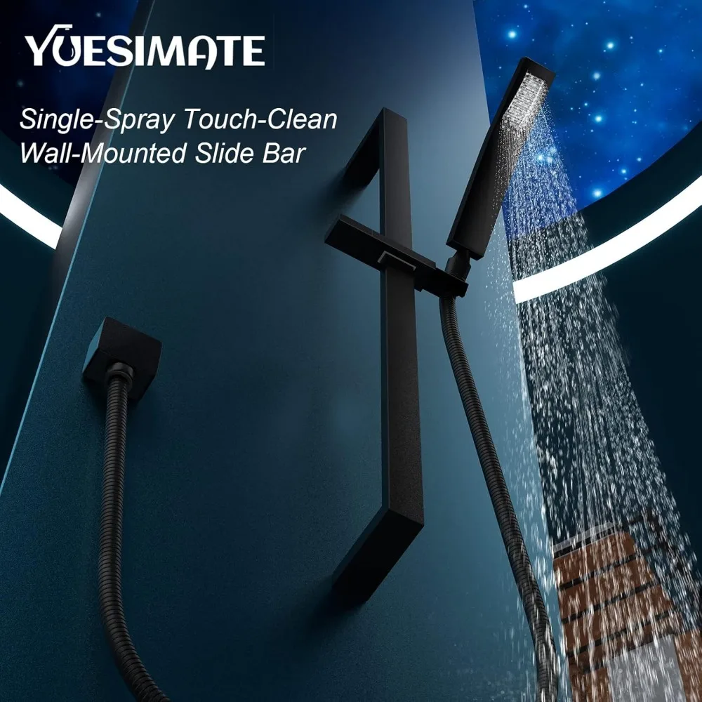 Adjustable Height Matte Black Square Shower Head with Handheld and Slide Bar for Versatile Showering Experience
