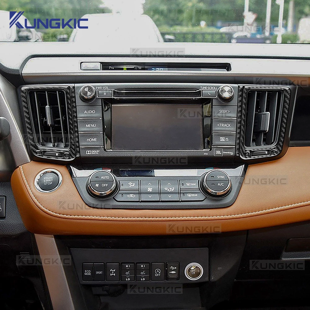 ملصق من ألياف الكربون الناعمة الحقيقية لسيارة Toyota Rav4 XA40 2013 2014 2015 2016 2017 2018 LHD RHD منفذ هواء السيارة مركز التحكم المركزي