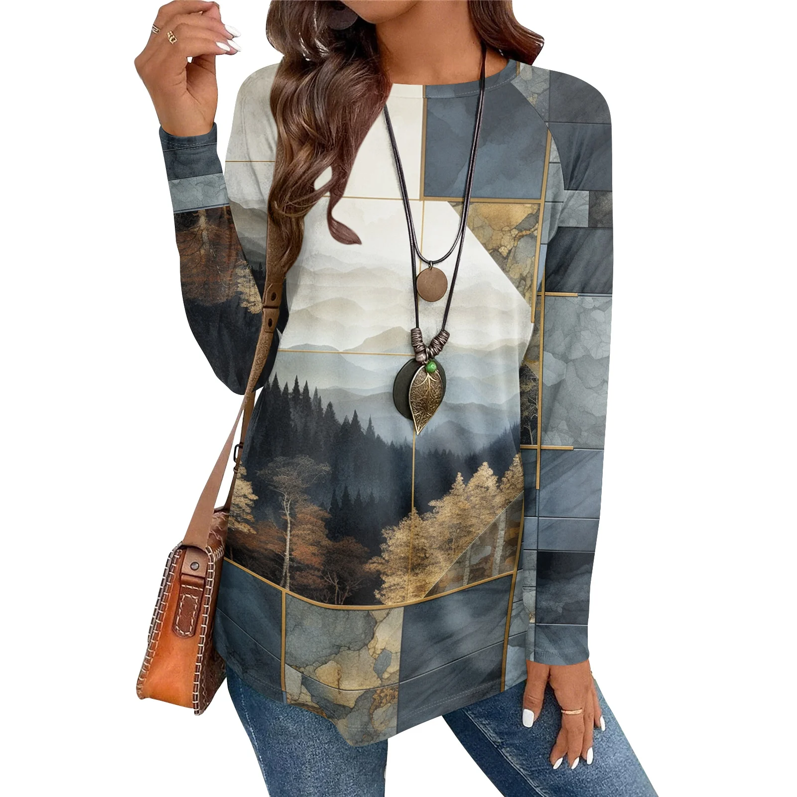 الرجعية المطبوعة نمط البلوز فضفاض جولة الرقبة طويلة الأكمام أعلى الربيع والخريف المرأة الأعلى في الهواء الطلق السترة الأعلى #5