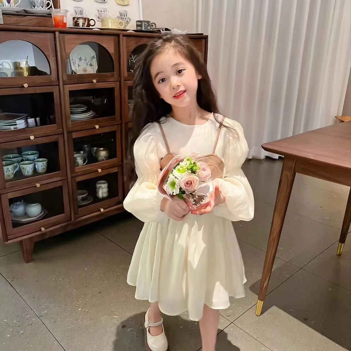 Girls Dress Autumn Princess Dress New Baby Fashionable Skirt Children's Chiffon Long sleeved Leather Vest Two Piece Set New 2024