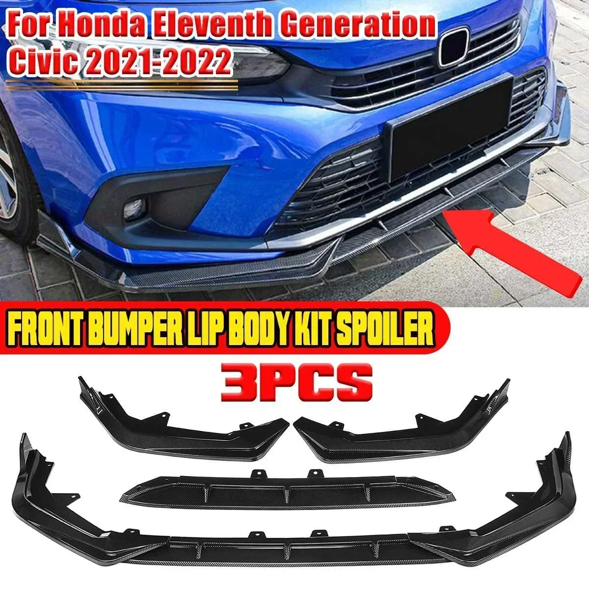 3xCar Front Bumper Lip Spoiler Deflector Lips Splitter Lip Guard For Honda For Civic 11th Eleventh Generation 2021-2022 Body Kit