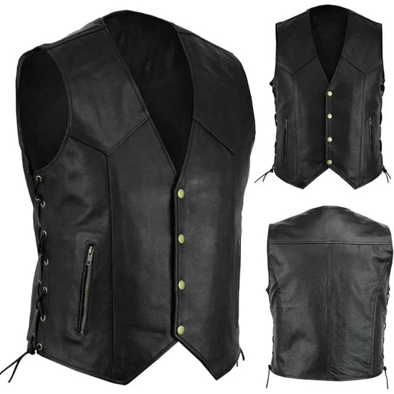 Men Faux Leather Biker Vest, Single Breasted Sleeveless Waistcoat with Side Lace Up for Punk Motorcycle Daily Wear