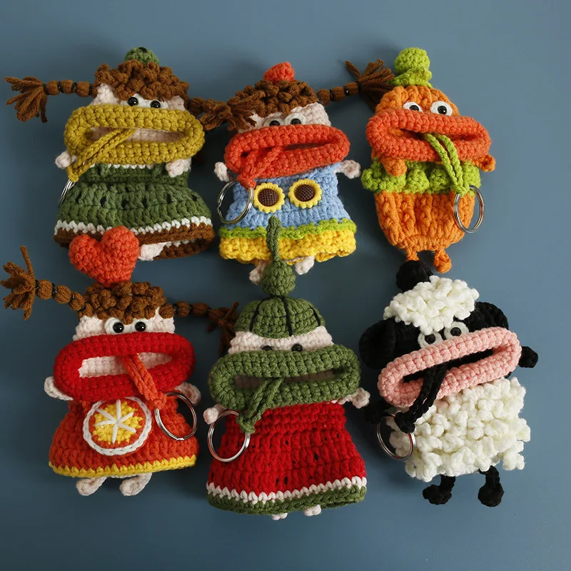 Funny Fruit Series Sausage Mouth Doll Keyrings Cute Sausage Mouth Doll Crochet Bag Keychain For Car Keys Holder Custom Accessory