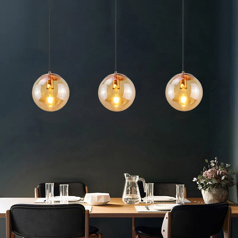 Modern Glass Globe Pendant Lamp Black Gold Silver Metal Suspension Light  Clear Amber Smoke Hanging Ceiling Chandelier