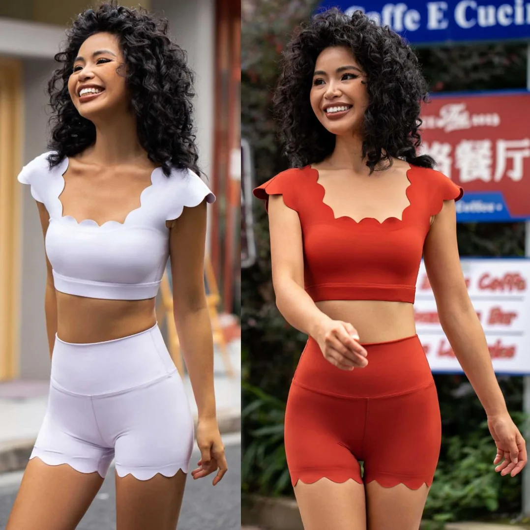 Women Athletic Scalloped Ruffle Padded Top Shorts Yoga Outfit Pilates Running Gym Outdoor Casual Workout Training Fitness Set