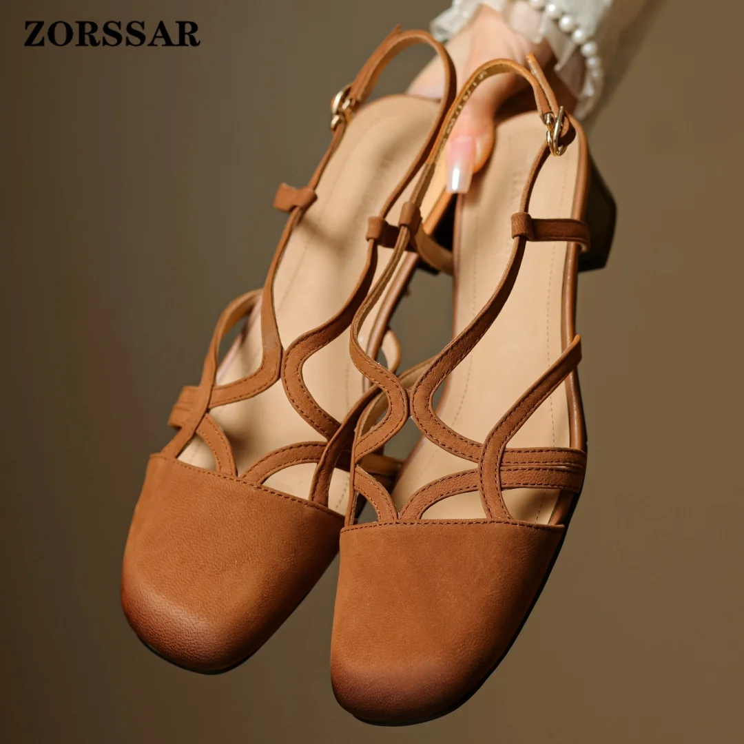 Women's Genuine Leather Narrow Band Round Toe Slingback Sandals Elegant Ladies 3.5cm Thick Low Heel Slim Summer Dress Pumps Sale