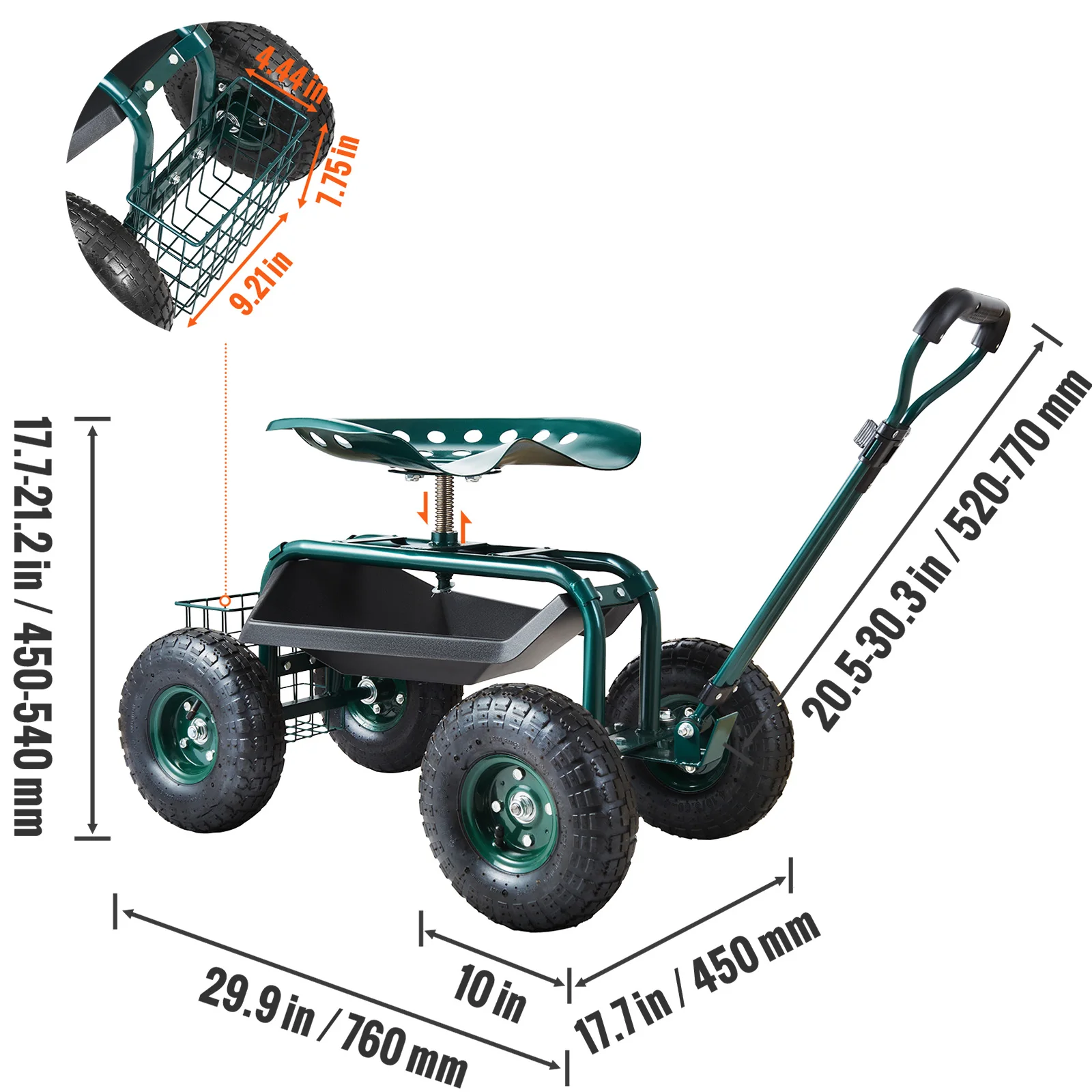 SucceBuy Tuinwagen Rollende werkstoel met wielen Tuinkruk voor planten 360 graden draaibare stoel Wagon Scooter met stuurinrichting