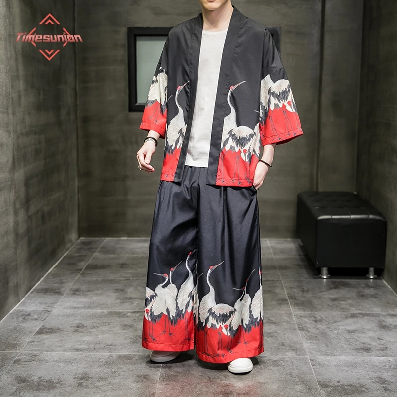 Kimono Cardigan Suit Men Japanese Summer Trousers Set Yukata Men\'s Haori Obi Japanese Wave Print Coat Traditional Japan Clothing