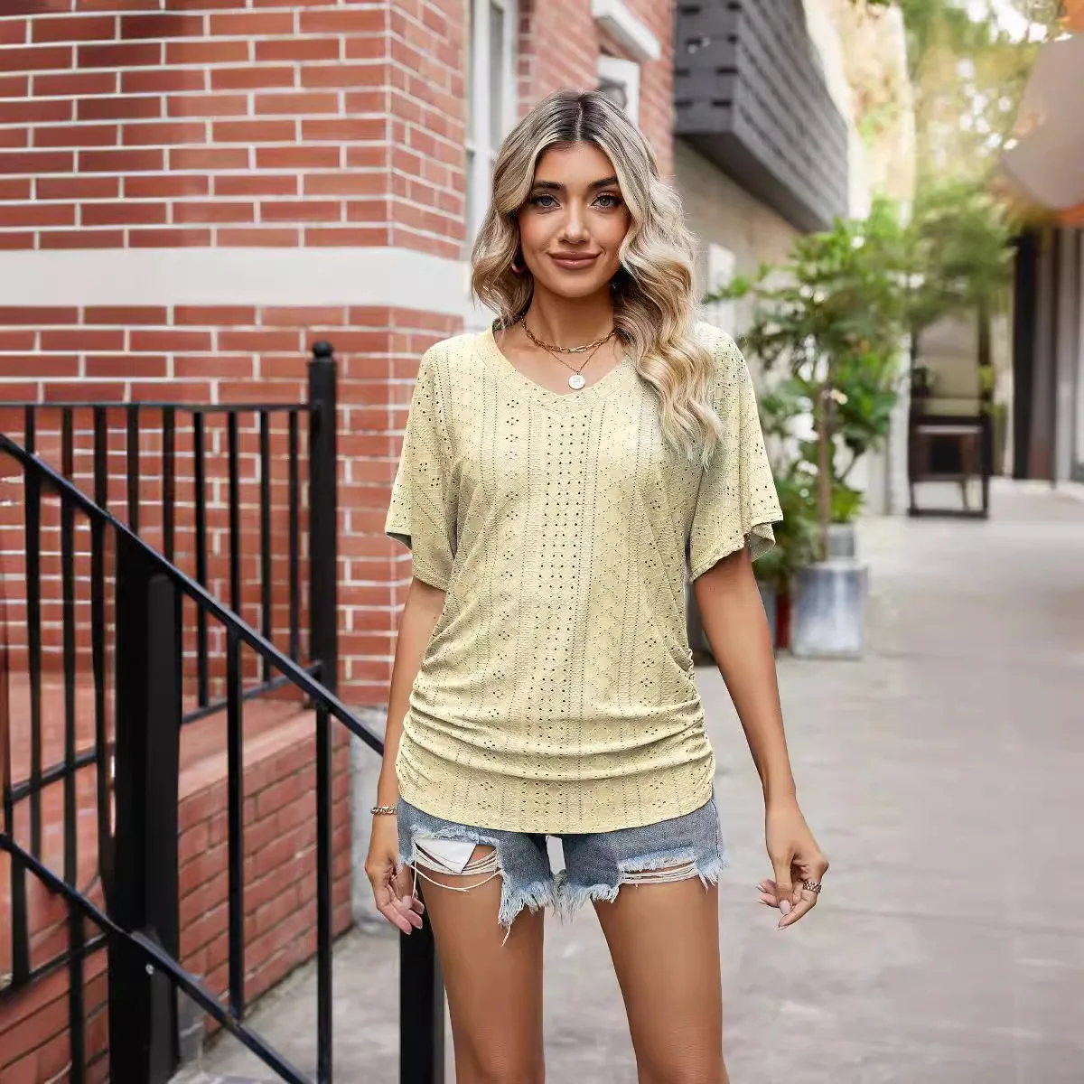 Women's Summer Blouse 2024 New T-shirt With Hollowed Out V-neck Pleated Casual Top Women's Summer Top Multiple Colors Available