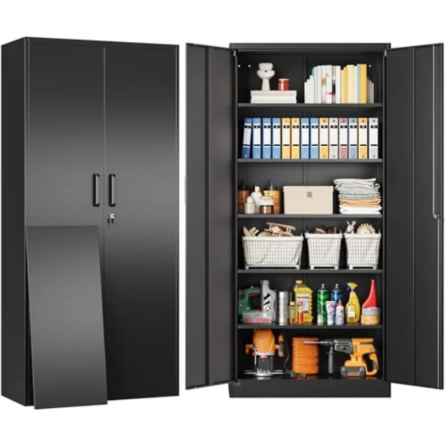 Metal Storage Cabinet with 2 Doors and 6 Shelves, Metal Cabinet with Lock, 71