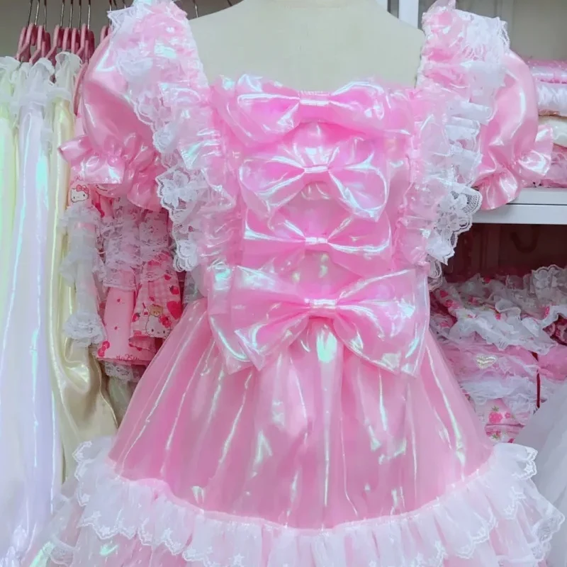

Holographic Sweet Lolita Pink Girl Lace Sissy Dress ABDL Bowknot Bubble Sleeves Ruffle Princess Puffy Dress Maid Cosplay