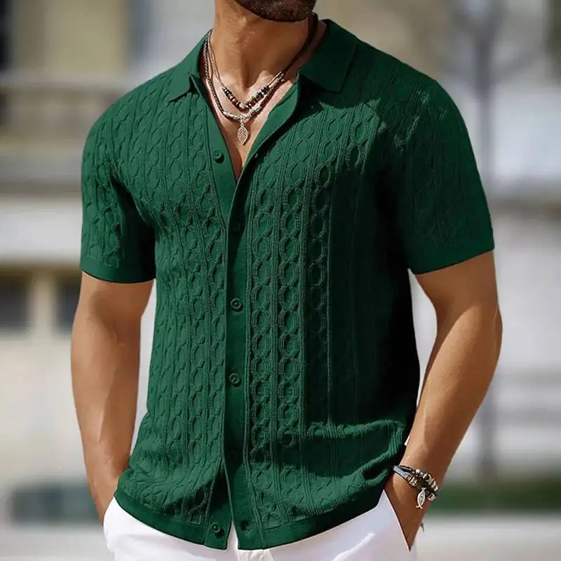 

Men Single-Breasted Knitted Polo Shirts Short Sleeve Stripe Jacquarded Luxury Cardigan American Fashion Premium Quality Knitwear