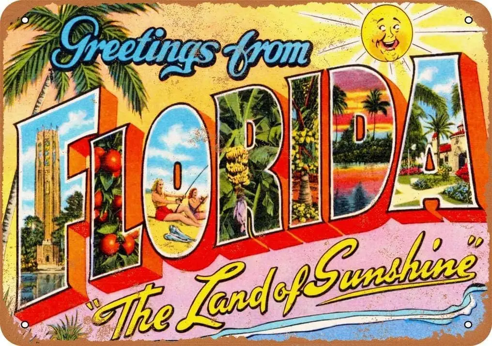 Vintage Metal Sign Greetings from Florida Retro Poster Plaque Tin Sign Wall Decor for Kitchen Bar Pub Farm House 12x8 inch, J094