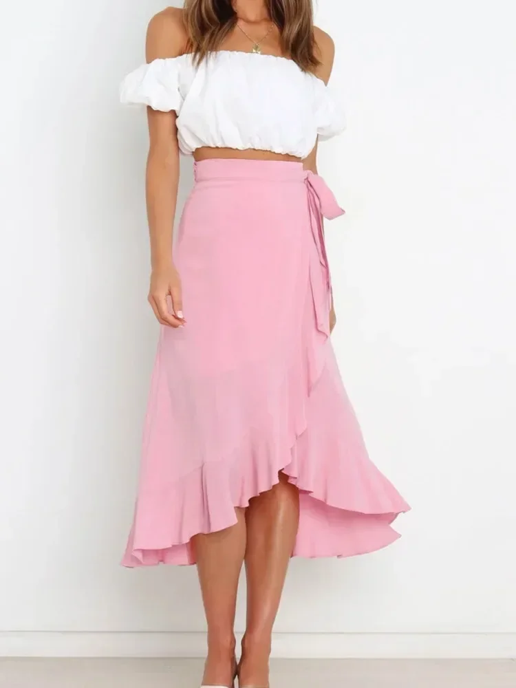 

Summer Long Skirts For Women 2024 Fashion Lace Up Irregular Solid Color High Waist Bodycon Black Skirt Female Pink Chiffon Skirt