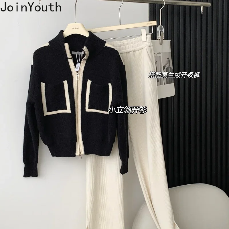 Temperament Cardigan for Women Sueter Mujer Pockets Zipper Thicked Pull Femme Stand Neck Casual Fashion Cropped Sweater Coat