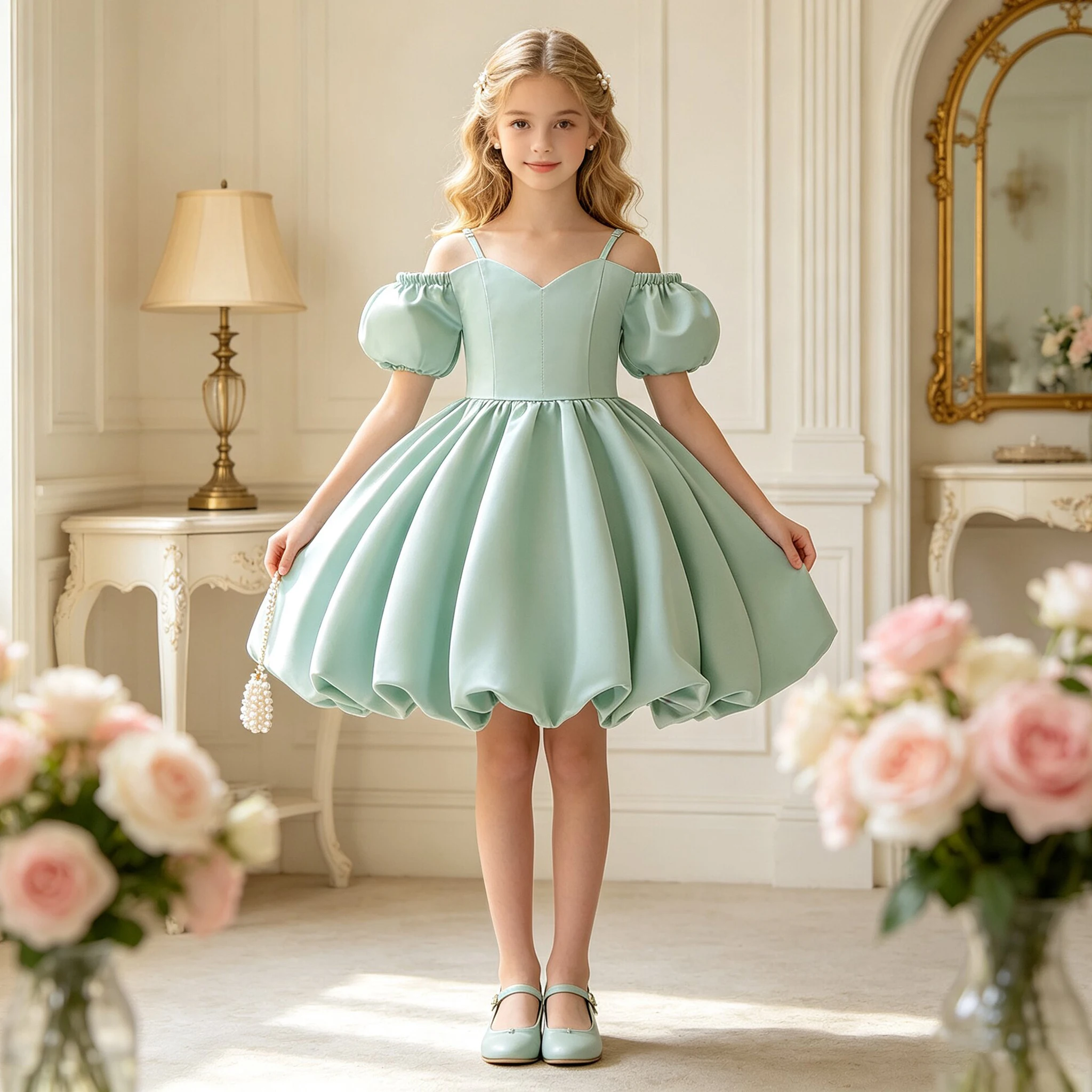 Elegantes Blumen-Partykleid für Mädchen Sommer Puffärmel Geburtstag Prinzessin Tüllkleid für Mädchen Hochzeit Brautjungfer Festzug Abendkleid
