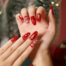 24Ps/Set Red Long Almond Fake Nails Round Head Christmas Snowflake Press on Nails Art Artificial Acrylic Removable Nail Supplies