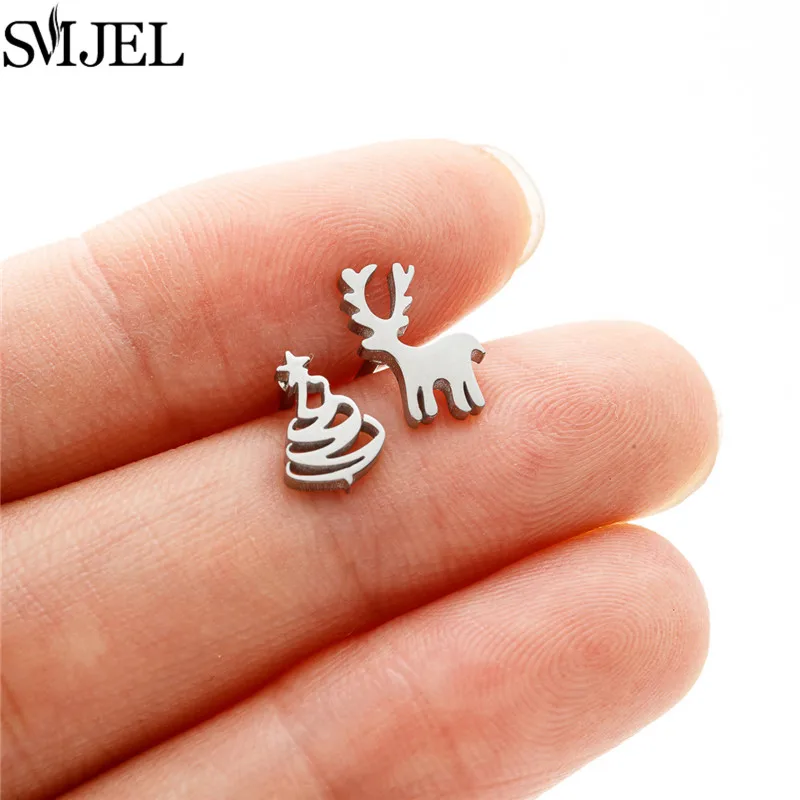Lovely Stainless Steel Deer Christmas Tree Earrings for Women Girls Asymmetry Ear Jewelry Fashion Animal Studs New Year Gift
