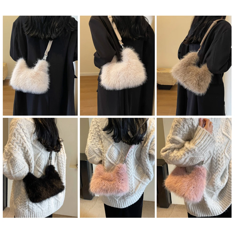 ผู้หญิงFaux Fur Fluffy Crossbodyกระเป๋าSoft Plushกระเป๋าถือปรับสายคล้องสีทึบHoboกระเป๋าสําหรับTravel Party