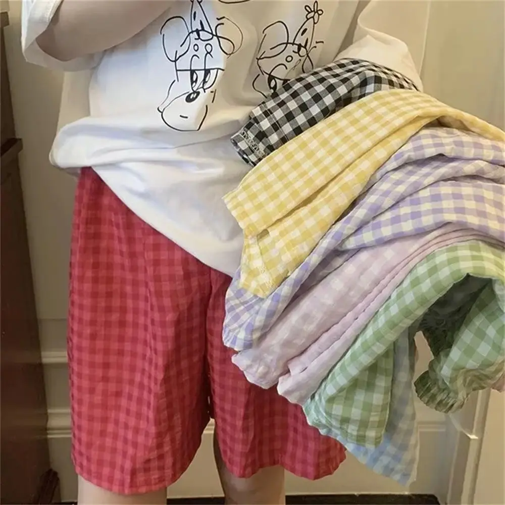 Plaid Print Wide Leg Shorts Women High Waist Ice Silk Loose Casual Knee Length Pants Wide Leg Baggy Sport Shorts Ladies Simple