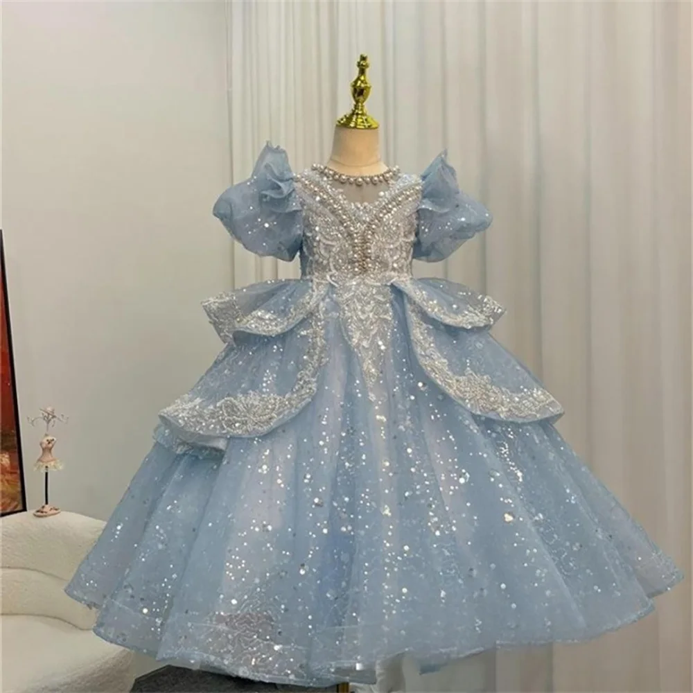 Children Girls Blue Evening Dress for Birthday Party Luxury Embroidery Beading Sequin Kids Princess Dresses Flower Girl Dress