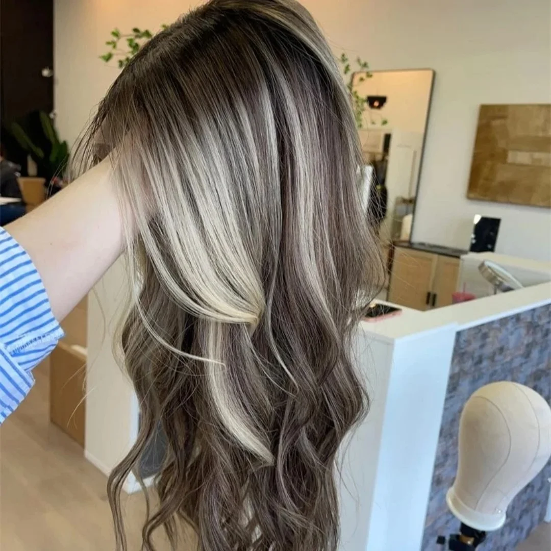 

Темно-каштаново-коричневый балаяж HD парик фронта шнурка с бликами 13x4 бесклеевые 180% высокая плотность глубокие волны синтетические фуральные парики