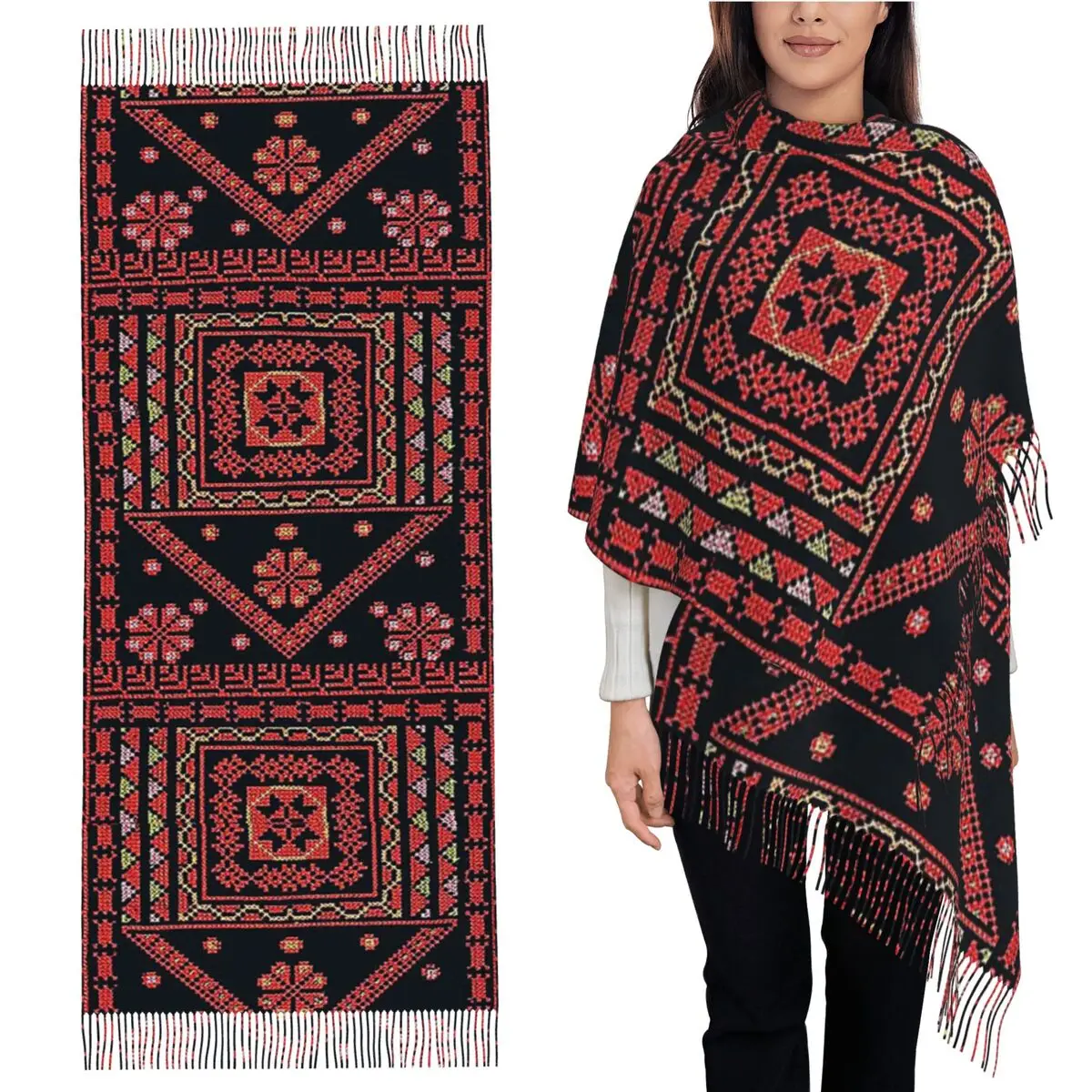 

Три цвета, палестинский шарф с вышивкой, шарфы с кисточками, женские мягкие теплые шали и накидки, длинная осенне-зимняя шаль