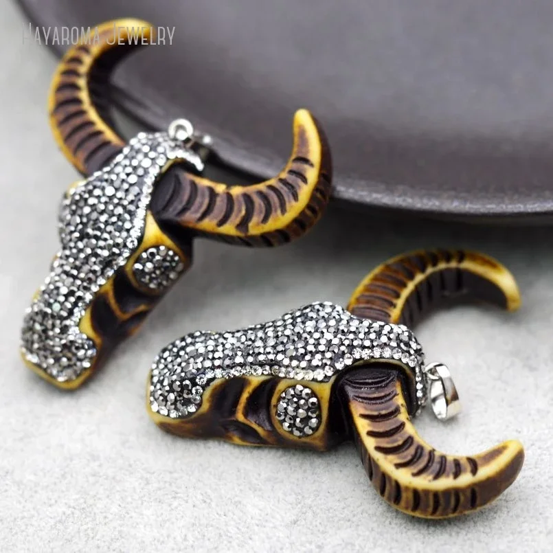 11Pcs Pave CZ Animal Longhorn Bull Necklace Pendant Boho Jewelry Making Bison Charm