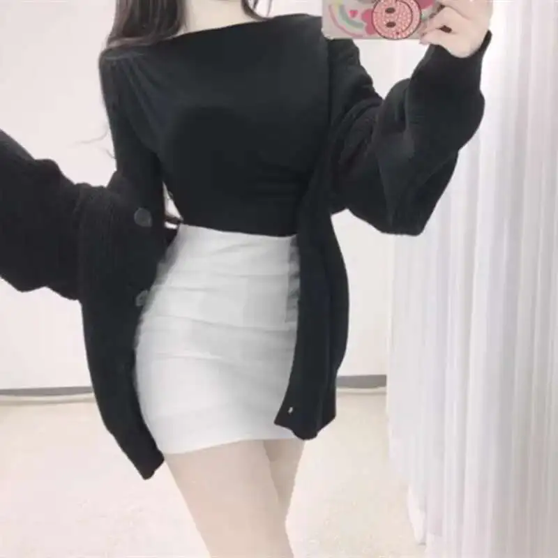 2024 outono/inverno versão coreana nova slash neck manga longa camiseta feminina cinching cintura sólida magro meados de comprimento estilo topo e0l2