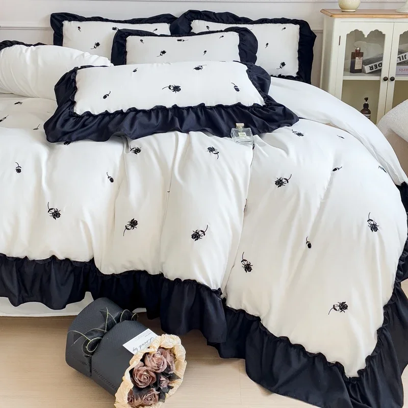 New Luxury Bed Linen Set, Ice Silk, with Korean - style Embroidery and Ruffled Lace, for 1.2m, 1.8m Single and Double Beds 2025