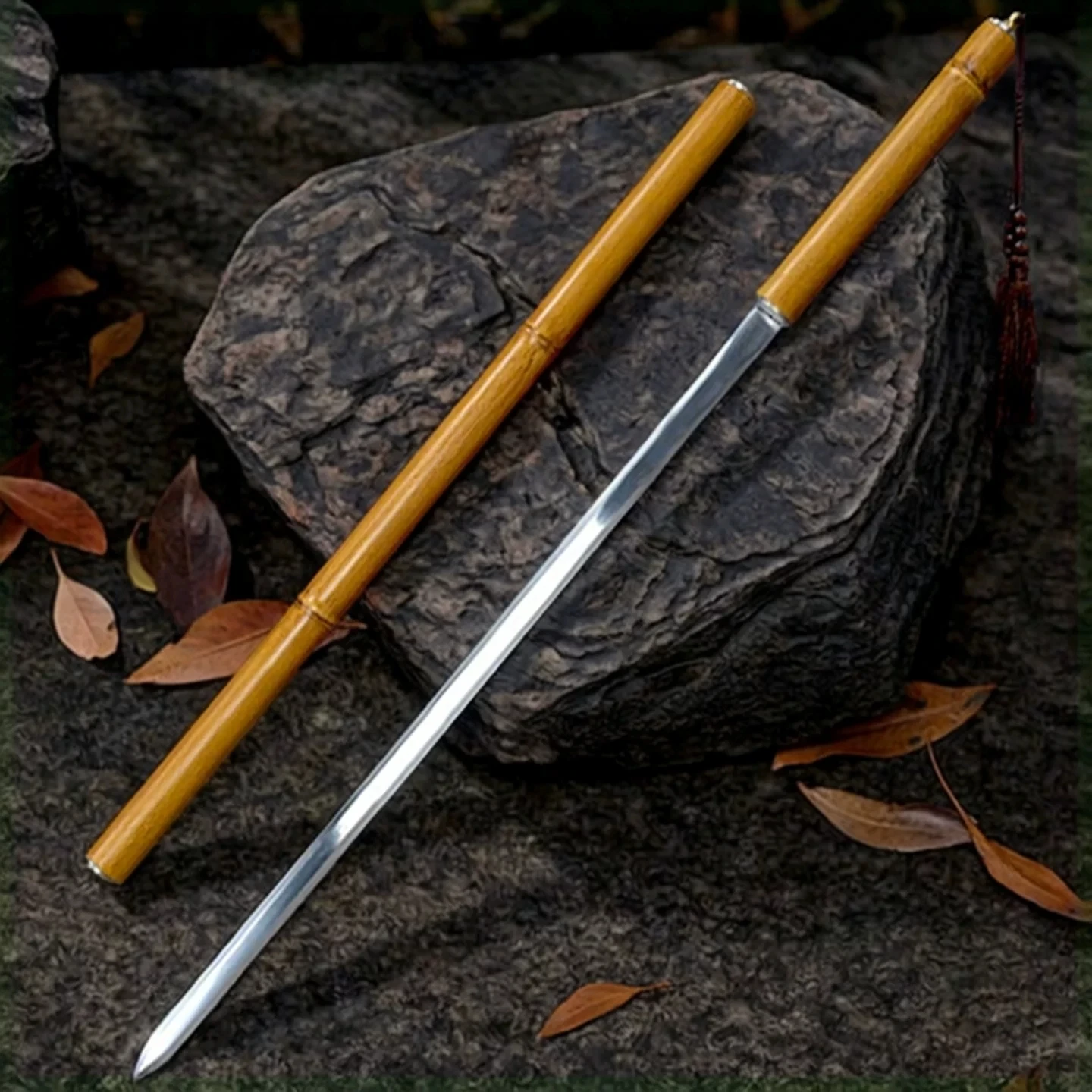81cm Natural Tone Imitation Bamboo Hidden Sword Manganese Steel Straight Blade Metal Tube Scabbard Hanfu Tea House Desktop Mini