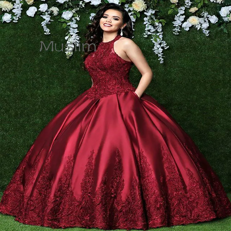 Elegante vestido de baile de quinceañera, vestido de satén sin mangas con cuello Halter, 15 cumpleaños, graduación, con bolsillos, talla grande, 2021