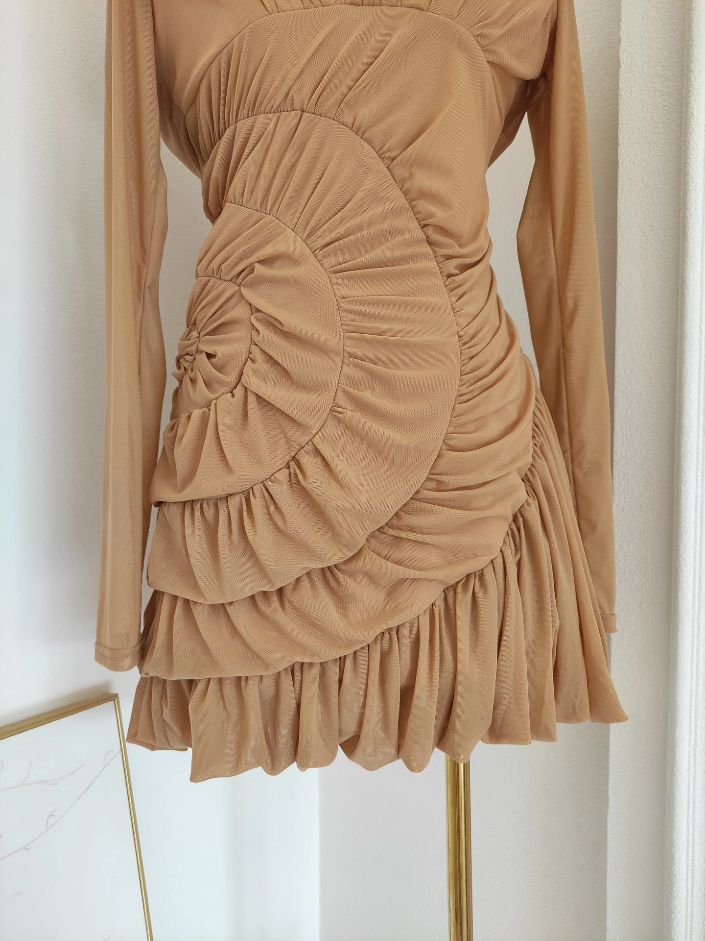 New Fashion Night Club Party Short Dress Luxury Design Long Sleeve Draped Mesh Birthday Dresses Evening Prom Celebrity Gowns