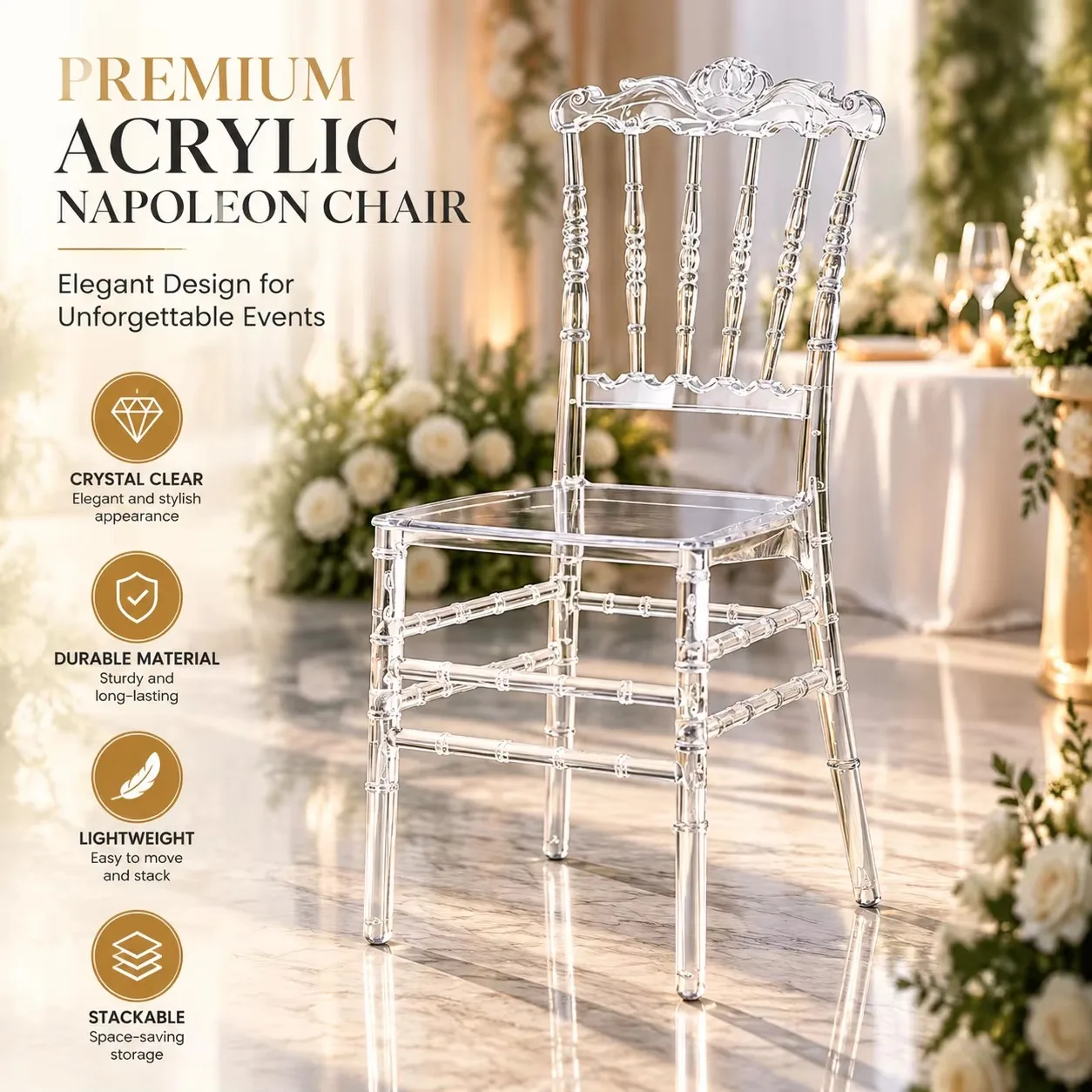 Transparent Acrylic Crystal Chair For Wedding Banquet Hotel Outdoor Event Durable Plastic Napoleon Style Clear Dining Seat