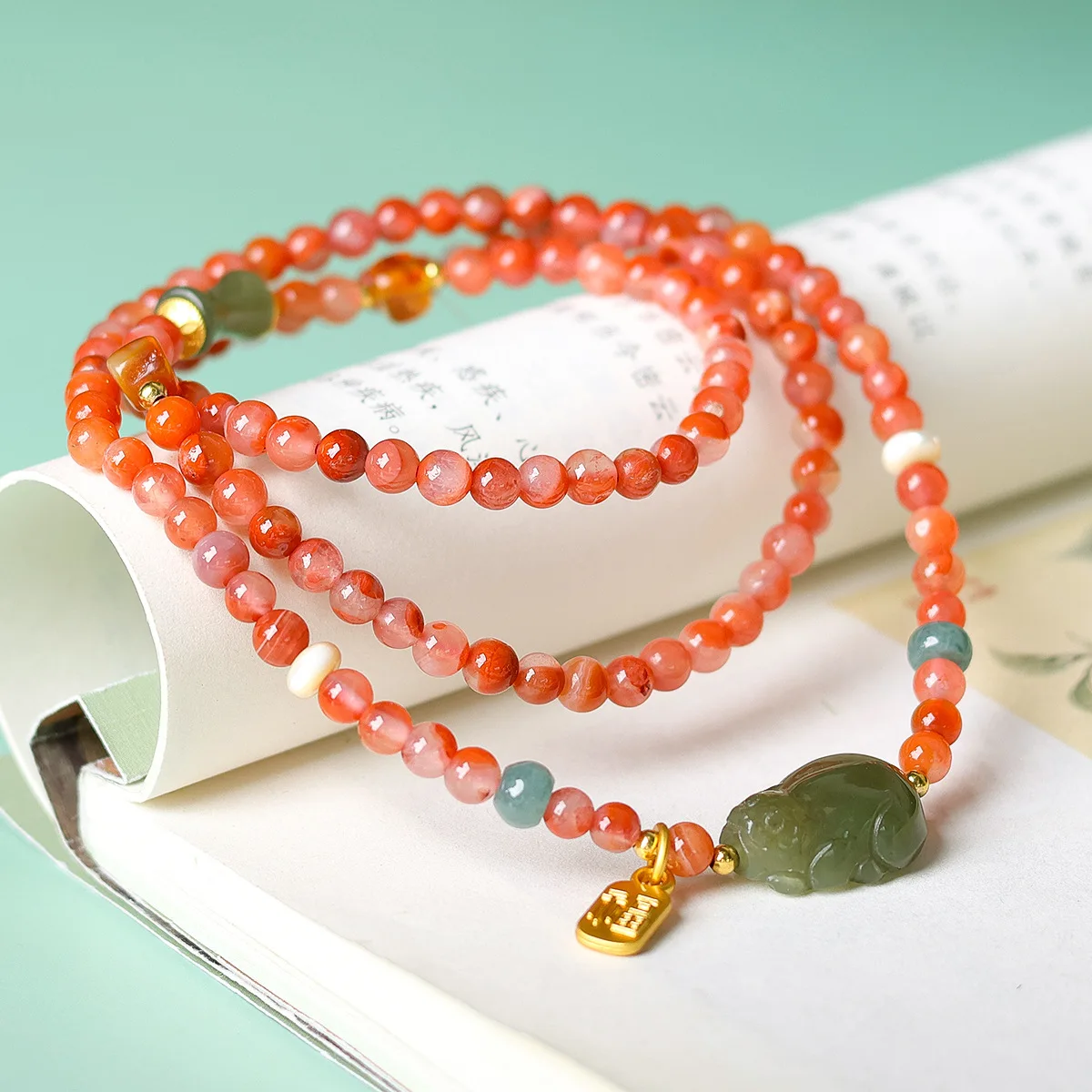 Natural Red Agate Hetian Jade Pixiu Multi Wrap Bracelet New Chinese Style Amber Beaded Bracelet Gifts