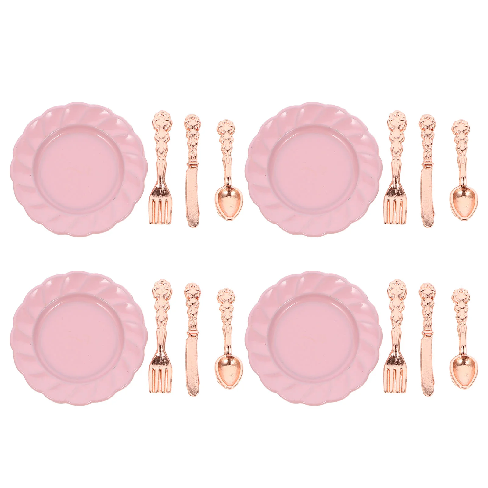 

4 Sets Serving Utensils Mini Cutlery Artificial Dollhouse Plate Tableware Dish Kit Pink