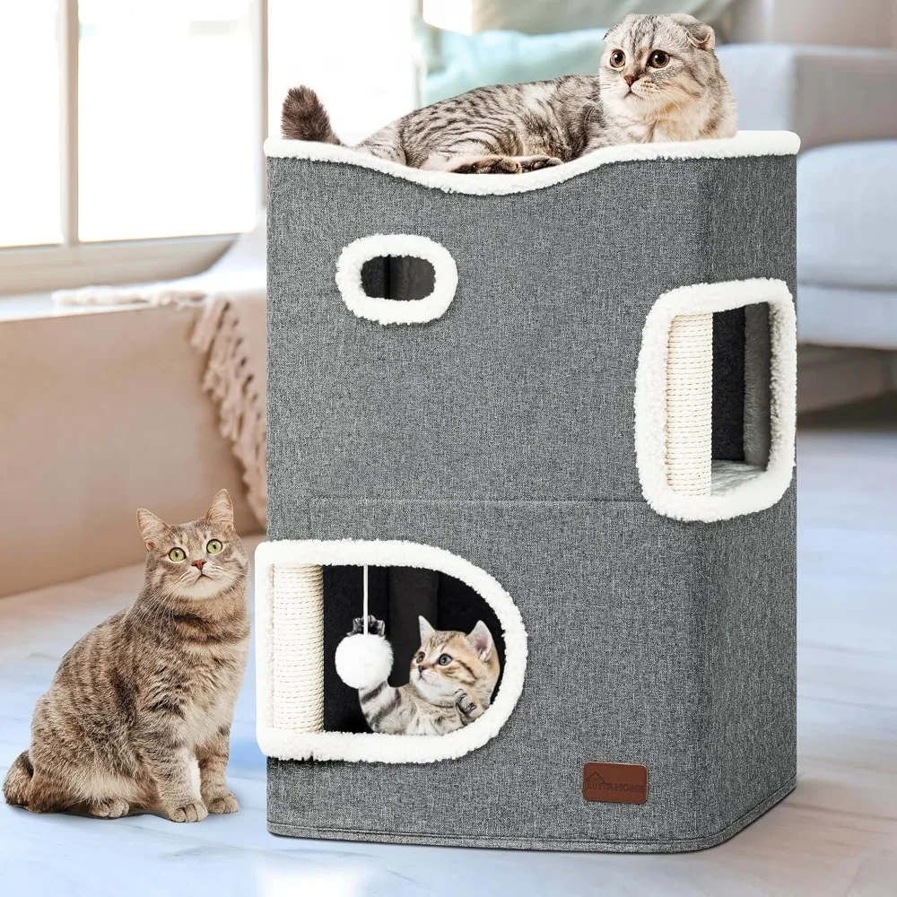 

2-Tier Cat House, Indoor Cat Cave Bed Playhouse, Cat Tunnels with Scratch Pad and Hideaway Cube, Cute Modern Condo Furniture