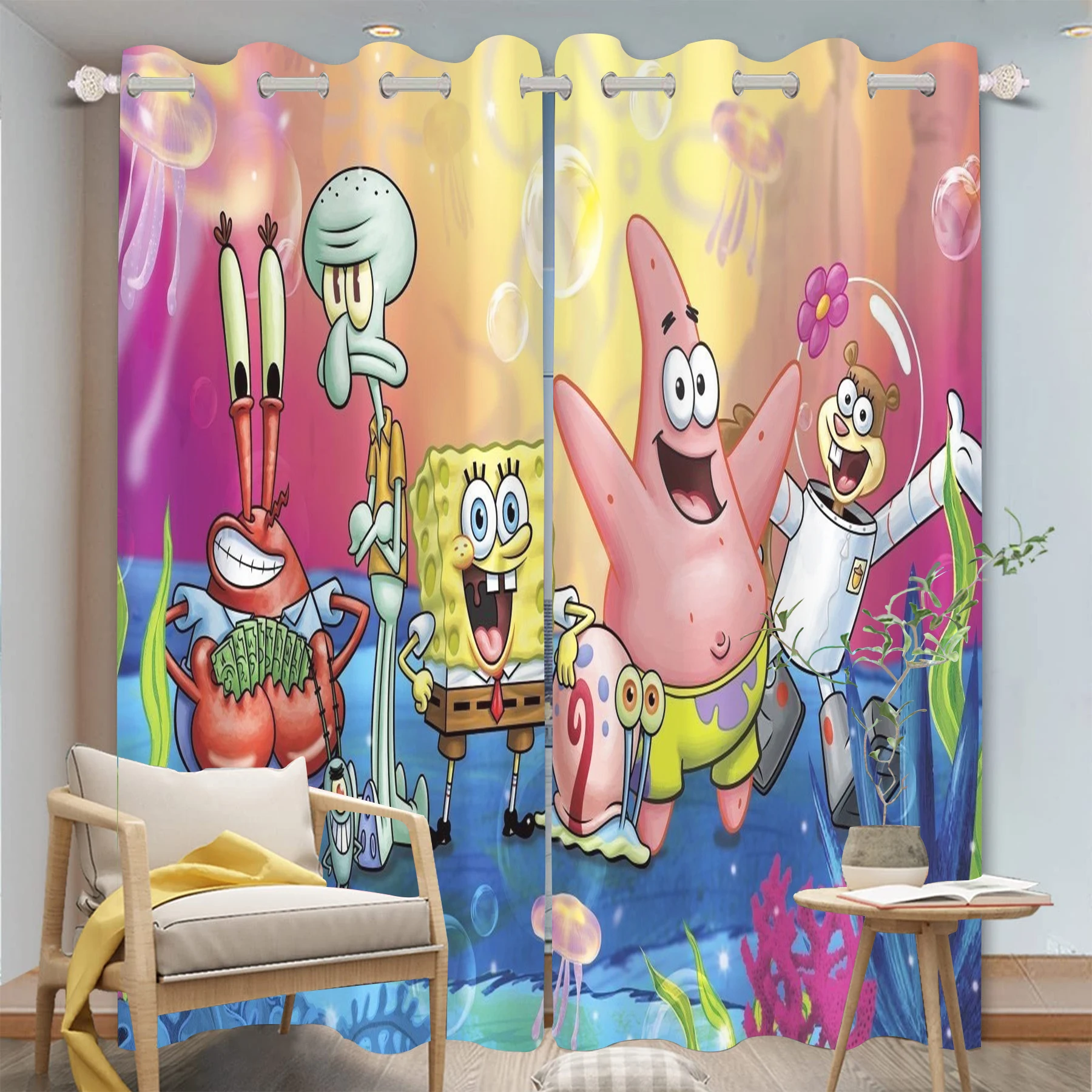 Spongebob Patrick Star Drapes Dustproof Living Room Bedroom Blackout Curtains Cartoon Cute Perforated 100% Polyester Anime