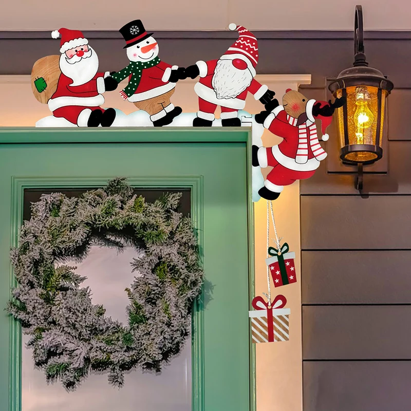 Decorazione angolare per porta natalizia in legno di Babbo Natale Decorazione per cornice per porta natalizia Pupazzo di neve Cornice per renna Segno Ciondolo in legno Decorazioni per la casa delle feste