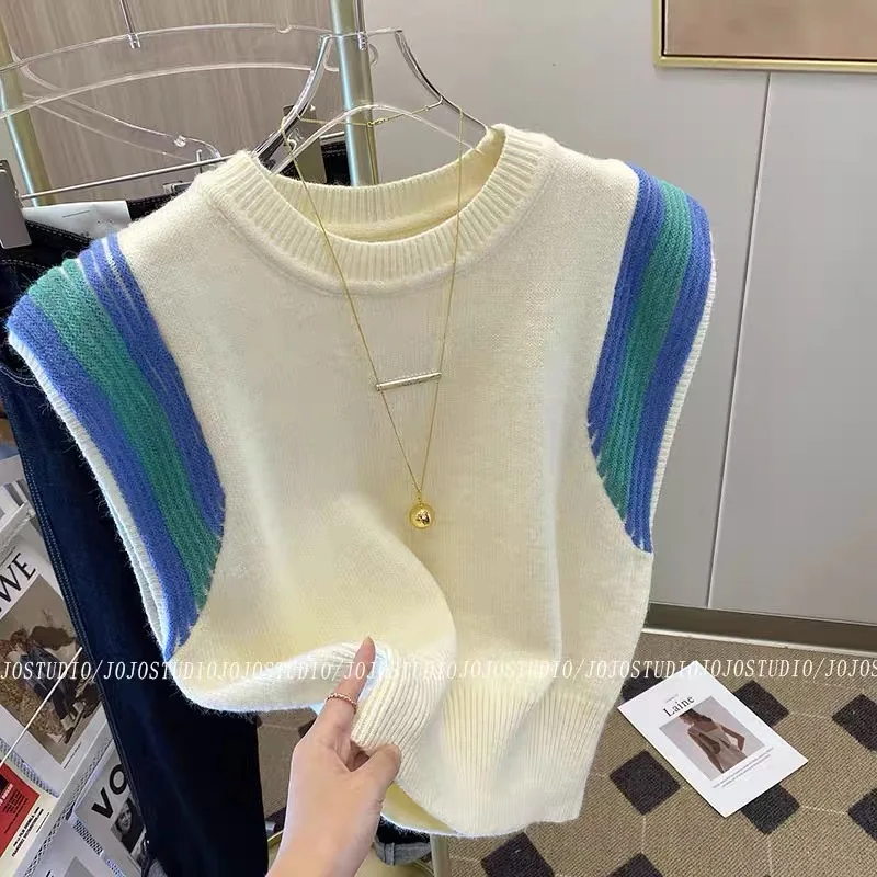 Korean Casual Knit Sweater Vests Women 2024 Summer Sleeveless O-neck Tops Knitwear Striped Fashion Loose Ladies Jumpers Vest