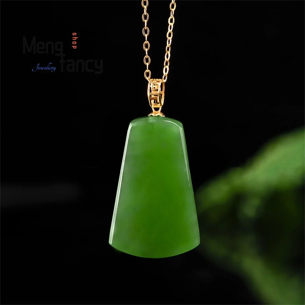 

Genuine 18K Gold Button Head Natural Spinach Green Old Material Hetian Jade Jasper Wushi Pai Pendant Fashion Luxury Fine Jewelry