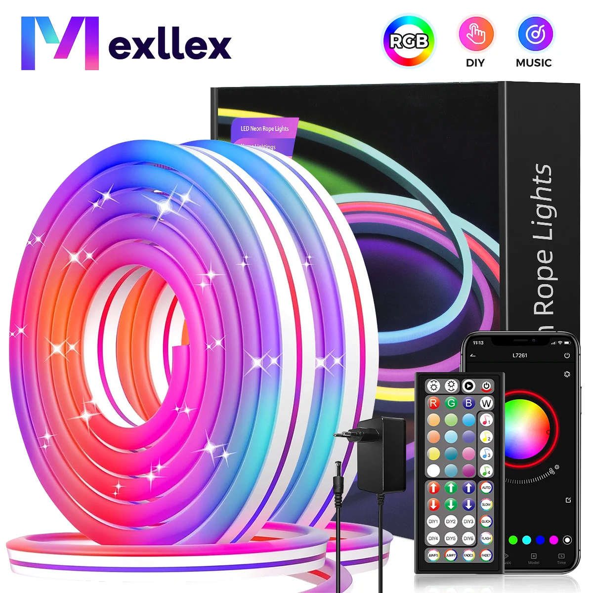 30M/20M Mexllex RGB Neon Light Strip with APP and Remote,Color Change Waterproof Music Sync Mode for Bedroom Room Outdoors Decro