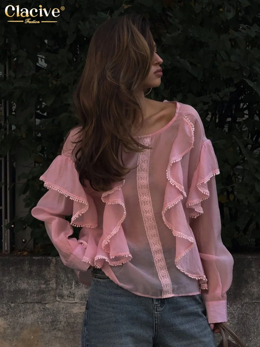 

Clacive Sexy Loose Pink Women's Shirt 2025 Fashion O-Neck Long Sleeve Shirts Elegant See Through Ruffle Top Female Clothing